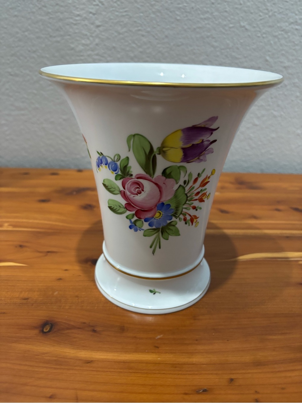 Herend White Porcelain Flared Vase with Pink Rose, Purple and Yellow Tulip